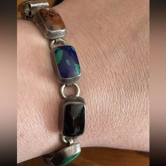 Taxco Mexico Vintage Southwestern Gems Panel Bracelet. Sterling Silver 925